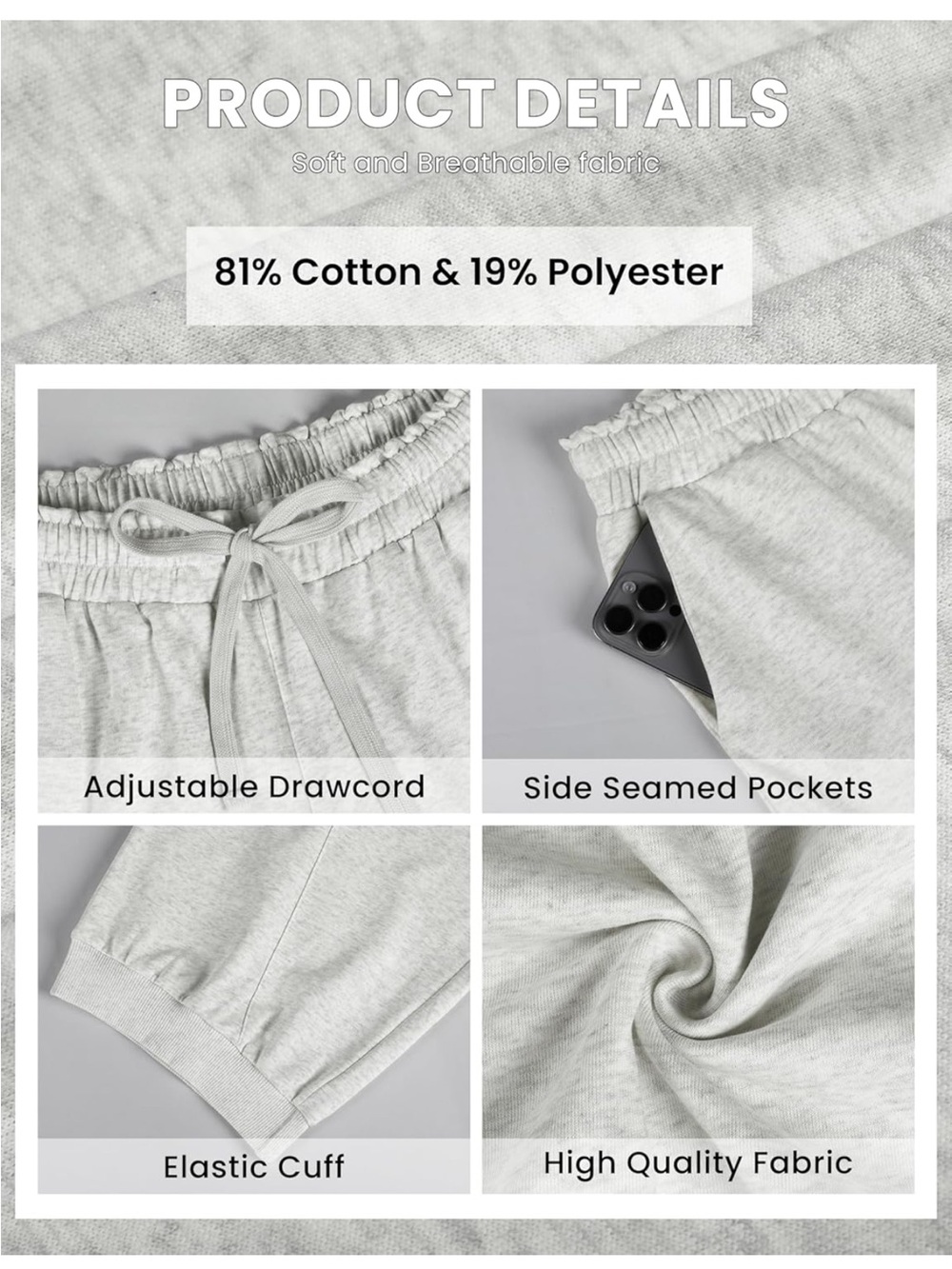 Cotton High-Waist Drawstring Jogger Pants - Light Gray. NWT. SIZE S & L. - Picture 4 of 4